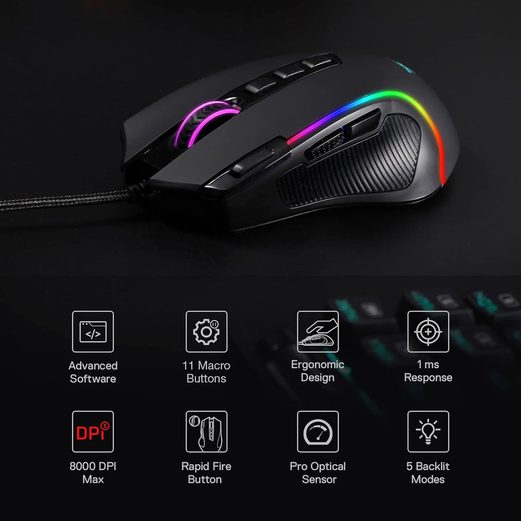 M612 Predator RGB Gaming Mouse, 8000 DPI Wired Optical Mouse with 11 Programmable Buttons & 5 Backlit Modes, Software Supports DIY Keybinds Rapid Fire Button